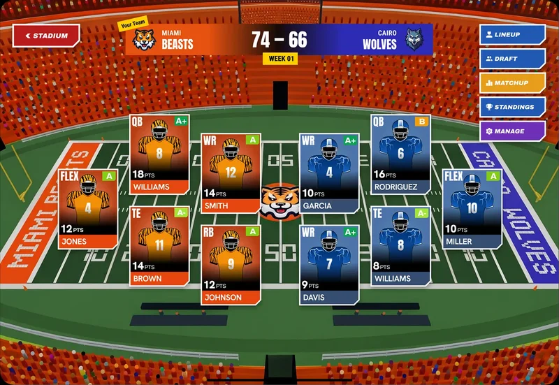 The LitZone field view with player cards and a head-to-head team matchup.
