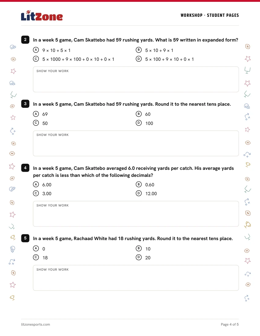 Sample math worksheet with game-stat questions and space to show your work.