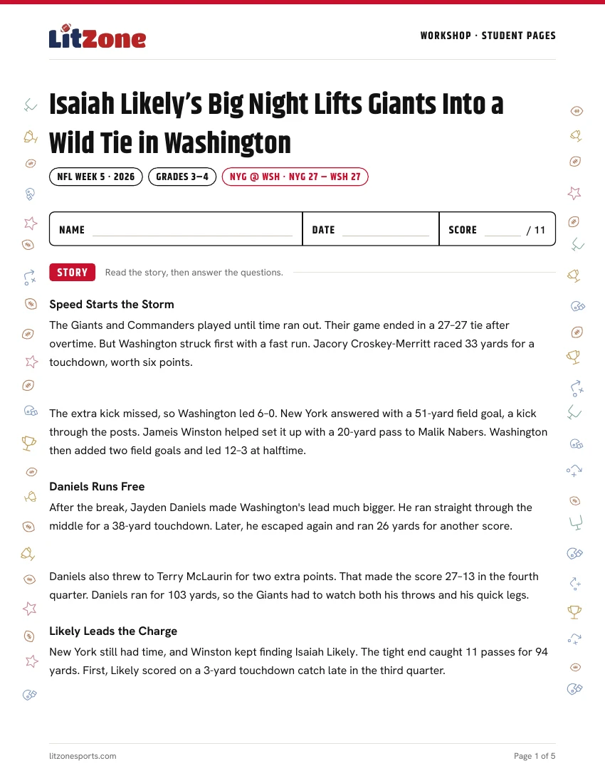 Sample LitZone worksheet with a game recap and space for a student’s name.